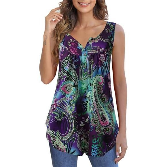 Womens Tank Tops Loose Fit Summer Shirts Pleated Flowy Sleeveless Tunic Tops - Picture 8 of 8